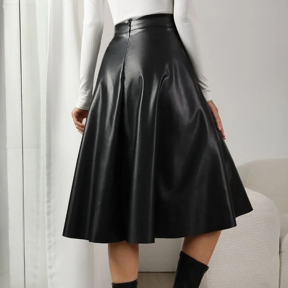 Black Preppy Womens High Waist Slant Pocket PU Skirt - Picture 5 of 5